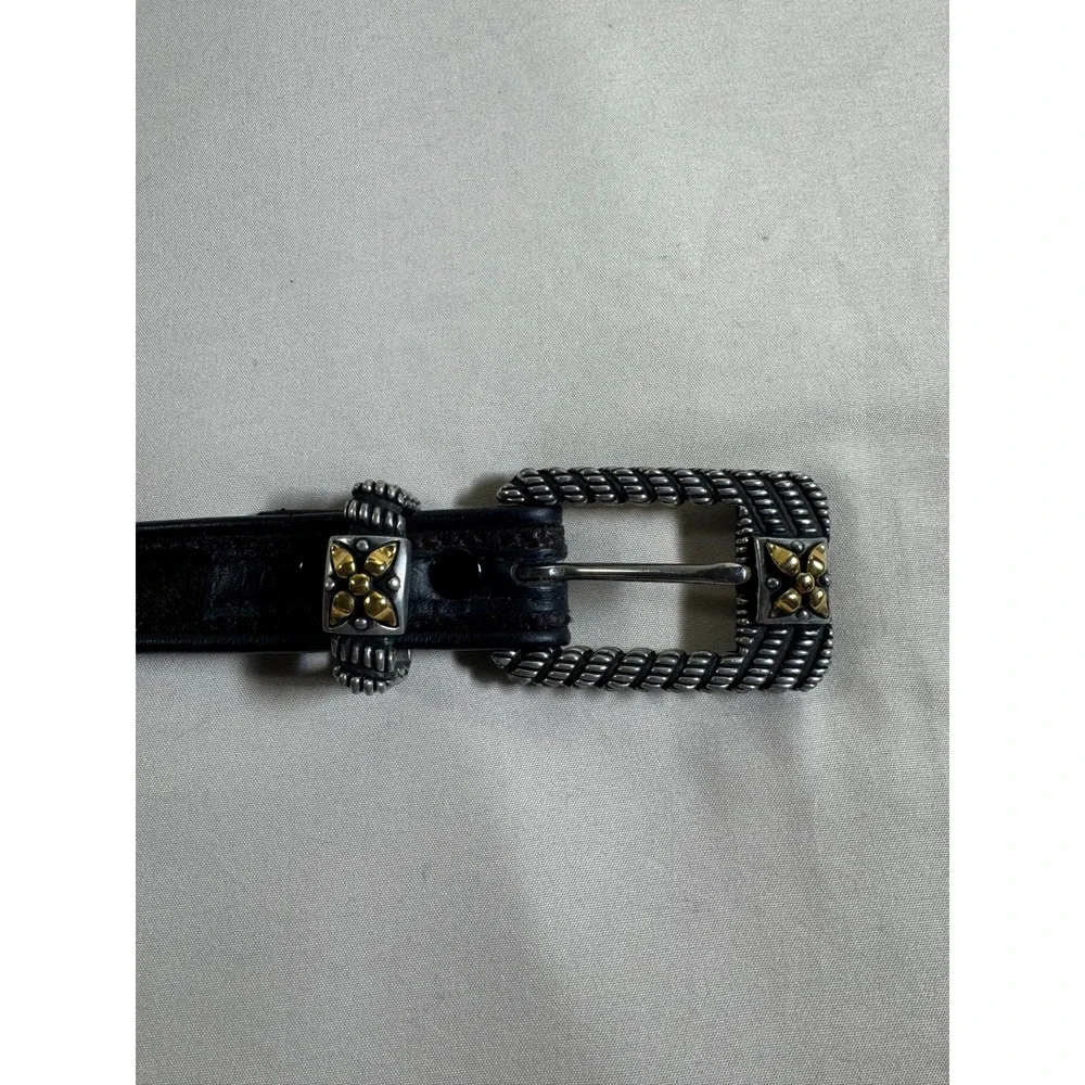 Vicenza Black Italian Calfskin Leather Belt Silver Rope Buckle Gold Accents
